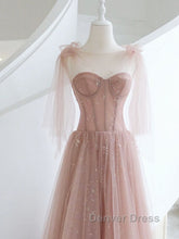 A-Line Pink Round Neck Tulle Long Prom Dresses, Pink Formal Evening Dresses